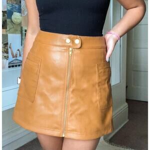 Free People Tan Faux Leather Mini Skirt with Front Zip